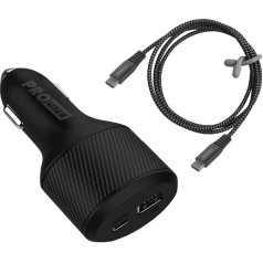 2 krypčių USB automobilinis įkroviklis 108 W (112,5 W SCP) komplekte: Automobilinis įkroviklis su 90 W USB-C PD ir USB-A greitojo įkrovimo funkcija + 100 W USB C laidas 100 cm; skirtas 12 V/24 V - automobiliams, sunkvežimiams ir namams ant ratų, į