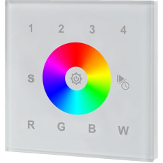 Jutiklinis sieninis reguliatorius: skirtas RGB/RGB+W/RGBW šviesos diodams, 1 zona, 230 V jungtis, montuojamas į jungiklių dėžutę, nėra universalaus įrenginio: reikalingas belaidis valdiklis (1 zona, baltas stiklo paviršius)