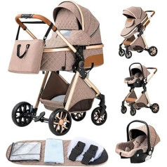 GLOKID 3-in-1 vežimėlis, kelionių sistema, vaikiška vonelė, vežimėlis ir sportinė sėdynė, nešiojamas, su guminėmis padangomis, sulankstomas vienu paspaudimu, priedai (LV9 Khaki)
