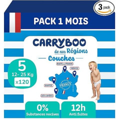 Carryboo De nos Regions - 5 dydžio sauskelnės 7-18 kg - Vienkartinės sauskelnės iš Prancūzijos - > Kūdikių priežiūra - Vietos ir aplinkai nekenksminga - Natūrali sudėtis - Prieinama kaina - 120 vienetų - 1