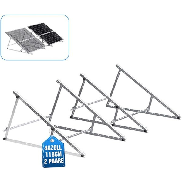 Sustiprintas stabilumo saulės kolektorių laikiklis Struktūriškai patobulintas saulės kolektorių laikiklis Balkono elektrinė 118 cm, skirta saulės kolektoriams 100 W-600 W, reguliuojamas kampas 0-90°, skirtas saulės kolektoriams ant stogo 2 poros
