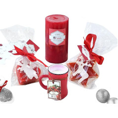 Candele D'Aurora Kalėdų rinkinys, kurį sudaro raudona širdelė, raudona žvaigždė, raudona žvakė raudoname puodelyje, didelė raudona žvakė, raudonų žibintų rinkinys