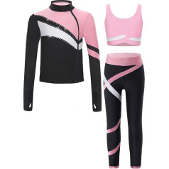 YiZYiF mergaičių dailiojo čiuožimo kostiumas Vaikų sportiniai drabužiai ilgomis rankovėmis striukė Leggings Crop Tank Top rinkinys 3 Ledo čiuožimo šokių kostiumas