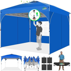 COBIZI pavėsinė 3 x 3 m, atspari vandeniui, stabili, atspari žiemai, sulankstoma pavėsinė, 3 šoniniai skydai, iššokanti, sulankstoma pavėsinė, skirta stovyklavimui, festivaliams, sodams, paplūdimiams, verslui, 4 smėlio maišai, mėlyna