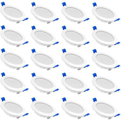 AufuN LED įleidžiamas prožektorius, plokščias 230 V, 5 W, LED prožektoriai, 450 lm, įleidžiami šviestuvai, lubų prožektorius IP21, skirtas svetainei, miegamajam, prieškambariui, 20 vnt., šiltai baltas 2700-3200K (A tipas)