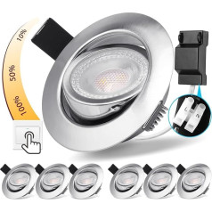 LED įleidžiami prožektoriai, 3 lygiai, reguliuojamas apšvietimas, plokšti, IP44, 5 W LED prožektoriai, 230 V, šiltai balta, 3000 K lubų prožektoriai, LED pakeičia 50 W halogeninį apšvietimą, 45° pasukami įleidžiami šviestuvai, 68 mm įlei
