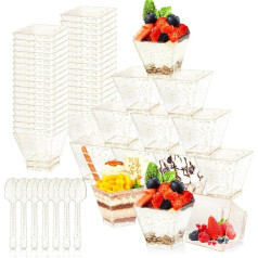 ASelected Mini desertiniai puodeliai plastikiniai su šaukšteliais 60ml/2oz Mažieji kvadratiniai auksiniai blizgantys desertiniai puodeliai idealiai tinka desertams, šokoladui, pudingui, putoms (5 x 5 x 4,5 cm), 100 vnt.