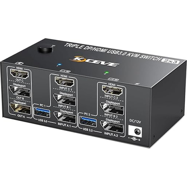 DP + HDMI KVM jungiklis 2 kompiuteriams 3 monitoriams, YOUTINGHDAV Trijų monitorių KVM jungiklis 2 Displayport + HDMI 8K@60Hz 4K@144Hz, USB 3.0 KVM jungiklis 2 kompiuterių dalims pelė, klaviatūra ir 3 monitoriai