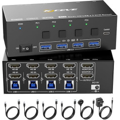 KVM jungiklis 4 kompiuteriams 2 monitoriams, KCEVE 8K@60Hz, 4K@144Hz USB 3.0 HDMI KVM jungiklis su EDID emuliatoriumi, skirtas 4 kompiuteriams dalytis pelės klaviatūra ir monitoriumi, stabilus lustas, didelis suderinamumas