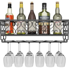AcornFort® W-611 Metalinis juodas sieninis pakabinamas vyno, šampano taurių, taurių, taurių su antgaliu laikiklis, 50 x 20 cm statinė iki 12 butelių vyno ir 12 taurių taurių