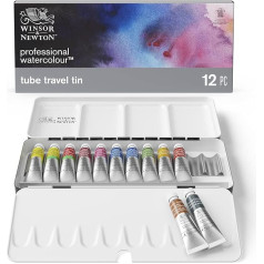 Winsor & Newton 0190552 Profesionalūs akvarelės dažai, ryškūs akvarelės dažai, menininko kokybės, didelio spalvų ryškumo ir šviesumo, neblunkantys, archyvinės kokybės, metalinė akvarelės dėžutė, 12 spalvų