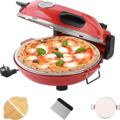 YIBAKE elektrinė picų kepimo krosnelė, 1200 W picų kepimo aparatas per 4 minutes, 31 cm ugniai atsparus picos akmuo, maksimali 420 °C temperatūros picų kepimo krosnelė su picos grandikliu, picos plėvele ir receptų knyga, raudona