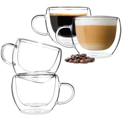 BOQO Stikliniai kavos puodeliai, dvigubai izoliuoti geriamieji puodeliai su rankena, puikiai tinka Latte, Cappuccino, arbatos maišeliui, gėrimų rinkiniui, 4 puodeliai (120 ml vandens stiklinės)