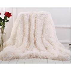 Freyamy Fluffy Faux Fur Cuddly Blanket 160 x 200 cm Beige Reversible Throw Blanket Ilgo plauko mikropluošto dirbtinio kailio antklodė Flannel Warm Fur Blanket Soft Sofa Blanket TV Blanket Air Conditioning Blanket