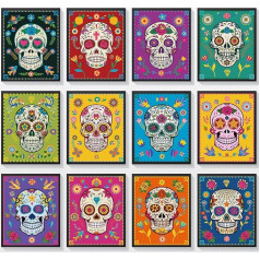 12 Cukraus kaukolė Dekoras Menas spaudiniai Mirusiųjų diena Cukraus kaukolė Plakatas Dia De Muertos Kaukolė Sienų menas Plakatas Meksikos tema Kaukolė Sienų plakatas Helovinas Šalis Namų sienų dekoras