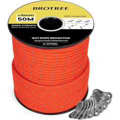 BROTREE Guy Ropes Camping 50 m palapinės virvė su 10 x įtempikliais 5 mm atspindinčios Guy virvės su virvės įtempikliu, skirtos palapinei, kempingui, tentui, markizei (neoninė oranžinė)