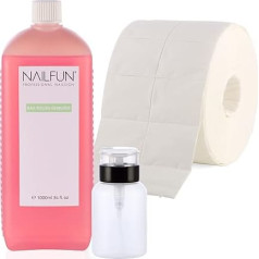 NAILFUN nagų lako valiklis 1 litras be acetono + 500 celiuliozės tamponų (1 ritinėlis) + 1 buteliukas su pompa