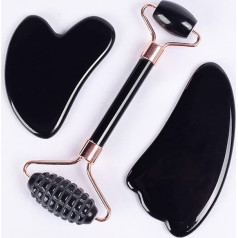 ICXLPMC House Collection Jade Sawtooth Face Roller GuaSha įrankių rinkinys Natūralus juodas Obsidiano kristalų akmuo 3 dalių Sawtooth