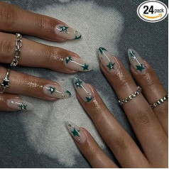 Angwis Pakuotė 24 trumpų migdolų netikrų nagų Rhinestone Press On Nails Green Start Stick On Nails Cream White False Nails Removable Glue on Nails Full Cover Fake Nails Women Bridal Nail Art Accessories