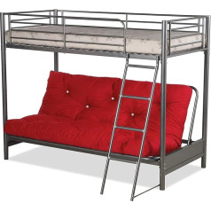 Humza Amani Futon dviaukštė lova (su futon čiužiniu), metalinė sidabrinė apdaila, raudona