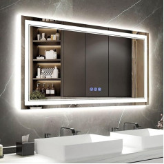 Baklon LED vonios veidrodis su apšvietimu, dvigubas rėmas, 120 x 70 cm, 3 šviesos spalvos, reguliuojamas apšvietimas, šilta balta / šalta balta / neutrali, jutiklinis jungiklis, HD grūdintas stiklas, E energinė klasė