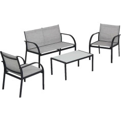 Avilia Juodos/pilkos spalvos metalinių sodo baldų komplektas - lauko baldai su sofa, 2 foteliais ir kavos staliuku su grūdinto stiklo stalviršiu, tvirta konstrukcija ir elegantišku dizainu