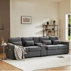 Kecduey Sofa Šiuolaikinė 4 vietų sofa Lininis audinys Taurės laikiklis 2 USB prievadai Kabelio įkrovimas su kišenėmis porankiams ir 4 pagalvėlėmis Paprasta sofa gyvenamajam kambariui