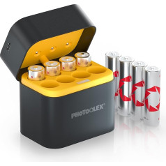 PHOTOOLEX įkraunamos ličio baterijos AA 8-Pack su įkrovikliu, 3600 mWh didelės talpos 1,5 V pastovios įtampos 3 A iškraunamos AA baterijos su integruota įkrovimo dėžute