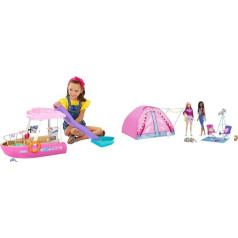 Barbie svajonių valtis (111 cm) ir stovyklavimo palapinė, 2 lėlės, 1 x blondinė, 1 x juoda, aksesuarai, triušis, voverė, dovana vaikams, žaislas nuo 3 metų, HGC18