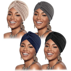 DRESHOW 4 Stücke Afrikanischen Turban für Damen Soft Vorgebunden Knot Mode Plissee Turban Hut Mütze Kopfwickel Schlafmütze