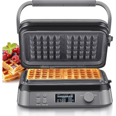 Vaflinė 1600 W, dviguba vaflinė belgiškiems vafliams, 5 programos, 7 rusvumo lygiai, valdymas per LCD ekraną, laikmatis, praktiškas perpildymo griovelis, nerūdijantis plienas