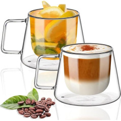 TKNO dvigubos sienelės kavos stiklinės kapučino, latte macchiato kavai, su rankena, karščiui atsparūs borosilikatinio stiklo puodeliai kavai, arbatai, pienui, sultims, idealiai tinka karštiems ir šaltiems gėrimams, 2 pakuotės