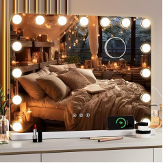 Holivudo veidrodis, 15 LED, makiažo veidrodis su apšvietimu, 58 x 46 cm, 3 šviesos spalvos, reguliuojamas ryškumas, su USB ir C tipo jungtimi, nuimamas didinamasis stiklas, kosmetinis veidrodis su apšvietimu, sieninis veidrodis,