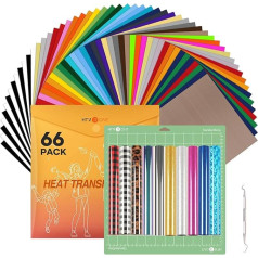 HTVRONT Plotter Film Textile 66 Pack Flex Film Plotter Textile 40 Colours 30,48 cm x 25,4 cm HTV vinilas su teflono lakštu, blizgučių Flex plėvelė, standartinis lipnus pjovimo kilimėlis, piktžolių kabliukai marškinėliams