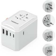 TESSAN kelioninis adapteris visame pasaulyje su 3 USB C ir 2 USB A, kelioninis kištukinis adapteris visame pasaulyje, 2500 W kištukinio lizdo adapteris, universalus adapteris JAV, Tailandui, Japonijai, Anglijai, Airijai, Australijai, Kinijai, Italijai