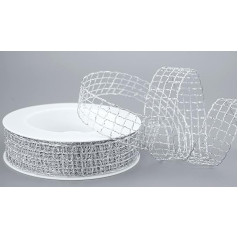 20 m x 25 mm Alex Sidabrinė dekoratyvinė juosta su vielos kraštais Tinklelis Patikrinta vielos krašto juosta Blizgus Lurex juosta Tinklelio juosta Floristika Dekoravimo amatai Lurex blizgus kaspinas Dovanų juosta Stalo apdaila
