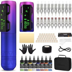 EZ tatuiruočių aparato rinkinys - tatuiruočių rinkinys su rotaciniu tatuiruočių aparatu, 20 vienetų tatuiruočių adatų, 1800 mAh maitinimo šaltinio baterija pradedantiesiems tatuiruotojams ir menininkams (P2S Purple)