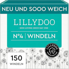 LILLYDOO odai draugiškos kūdikių sauskelnės - 4 dydžio (9-14 kg), mėnesinė dėžutė (150 vnt.), saugi apsauga nuo pratekėjimo, minkštos, bekvapės, be losjonų ir dažiklių jautriai odai, dermatologiškai patikrintos