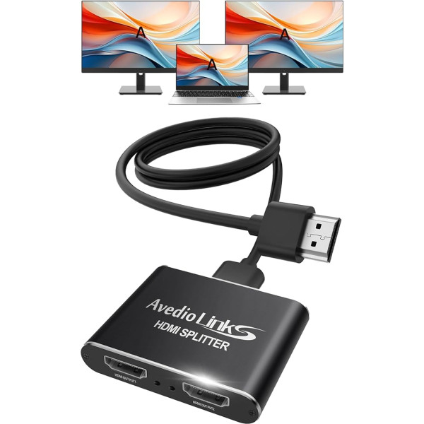 avedio nuorodos HDMI dalytuvas su 4 pėdų HDMI kabeliu, 4K @ 60Hz HDMI dalytuvas, 1 in 2 Out vienu metu, 1 in 2 Out HDMI dalytuvas dviem monitoriams, skirtas tik veidrodiniam atvaizdavimui, HDMI dalytuvas nuo 1 iki 2 palaiko Full HD