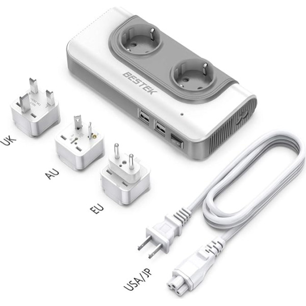 BESTEK 200 W įtampos keitiklis su 4 USB kelioniniu įkrovikliu iš 110 V į 230 V kelioninio adapterio su keičiamu JK, ES, AU kištuku, tinkamu kelionėms į JAV, Japoniją, KAN, JAV, Kiniją, Tailandą
