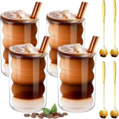 weiclianhp Latte Macchiato stiklinės, 4 vnt., 400 ml kapučino stiklinės su šaukšteliais ir padėkliukais, dvigubų sienelių stiklinės, kapučino, spiralinės kavos stiklinės, latte, arbata, ledai, ledinis americano, sultys