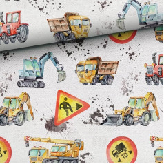 Audinys siuvimui vaikams, 95 % medvilnės, vasarinis prakaitas: 1 m prancūziško frotinio audinio su transporto priemonėmis statybvietėje - berniukų vaikiškas audinys su sunkvežimio traktoriumi Digger - Digger Love