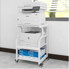 PUNCIA Spausdintuvo stalas Reguliuojamo aukščio 3 pakopų spausdintuvo stovas 60 x 50 cm su ratukais Mobilus spausdinimo vežimėlis, pagamintas iš medžio ir metalo Spausdintuvo laikiklis dideliems spausdintuvams, skirtas studijoms, biurui, baltos spa