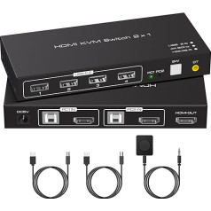 KVM jungiklis HDMI 2 prievadai 4K 60Hz USB 2.0, skirtas 2 kompiuteriams 1 monitoriui Dalytis klaviatūra Pele spausdintuvu KVM USB jungiklis Palaiko laidą Stalinis valdiklis Į komplektą įeina 2 USB 2.0 kabeliai