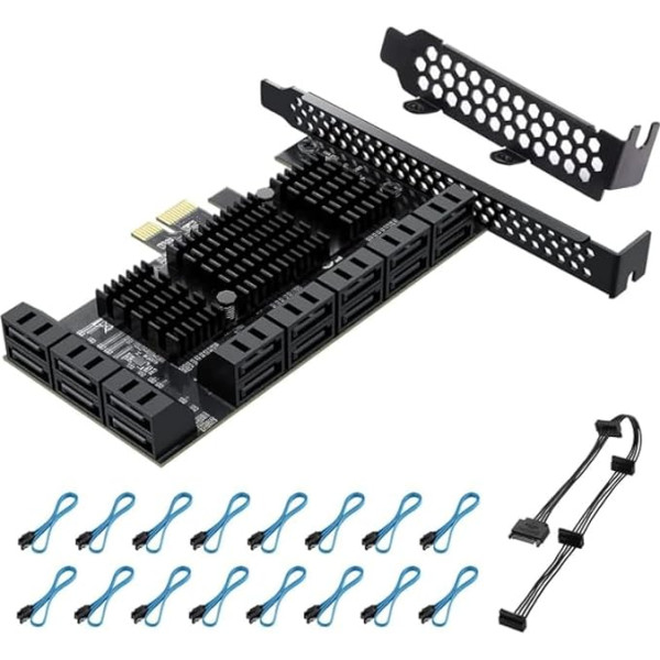 YBBOTT PCI Express 16 prievadų 1X kortelė, 6 Gb/s SATA 3.0 valdiklis, PCIe išplėtimo kortelė, neperkraunama, palaiko HDDS, su žemo profilio laikikliu ir 16 kabelių, JMB575 ASM1064 lustai