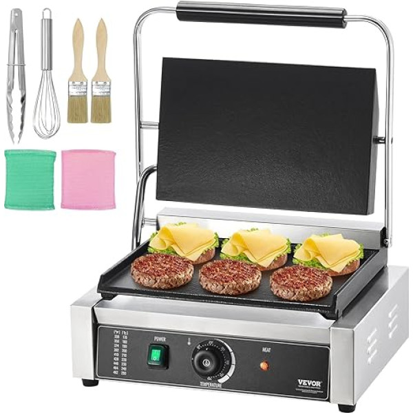 VEVOR komercinis panini kepimo aparatas, 2200 W elektrinis sumuštinių kepimo aparatas, nerūdijančio plieno sumuštinių spaudos kepimo aparatas, panini kepimo aparatas su temperatūros reguliatoriumi ir 36 x 23 cm plokščia emalio plokštele
