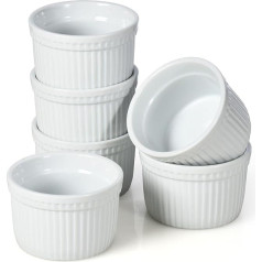 WishDeco Creme Brulee dubenėliai, 6 vnt., suflė formelės, porcelianas, 200 ml/8 oz, maži desertiniai dubenėliai, dubenėliai, balta spalva, keraminiai indai keksiukams, pastai