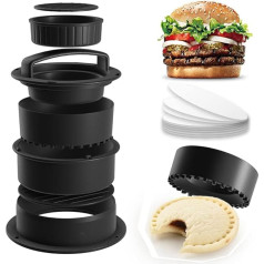 nnn Burger Press Supjaustytas kepsnys Profesionalus Hamburgerio presas su 100 nesvylančių popierių kepimo forma kepsniams Virtuvės reikmenys mėsainiams, sumuštiniams, pyragėliams ir griliui (4-in-1)