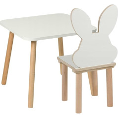 Playpals Furniture Vaikiškas stalas su kėdutėmis, vaikiškų kėdžių rinkinys iš medžio, 50 x 50 cm, natūralaus medžio sėdynės vaikiškų kėdžių rinkiniui, triušis