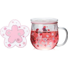 SZHTSWU Cherry Blossom stiklinis puodelis ir padėkliukas, stiklinis arbatos puodelis su infuzoriumi ir dangteliu, 300 ml skaidrus rožinis gėlių arbatos infuzorius, karščiui atsparus borosilikatinio stiklo geriamasis puodelis, idealiai tinka arbatos 